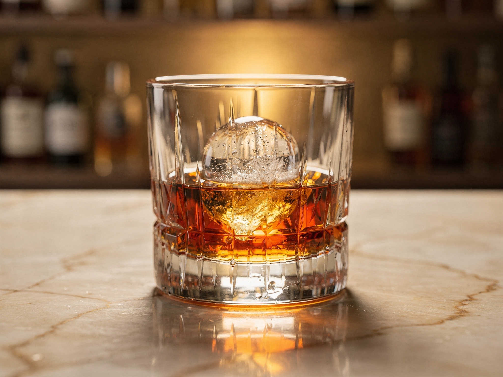 Amber whisky poured over ice, illustrative image